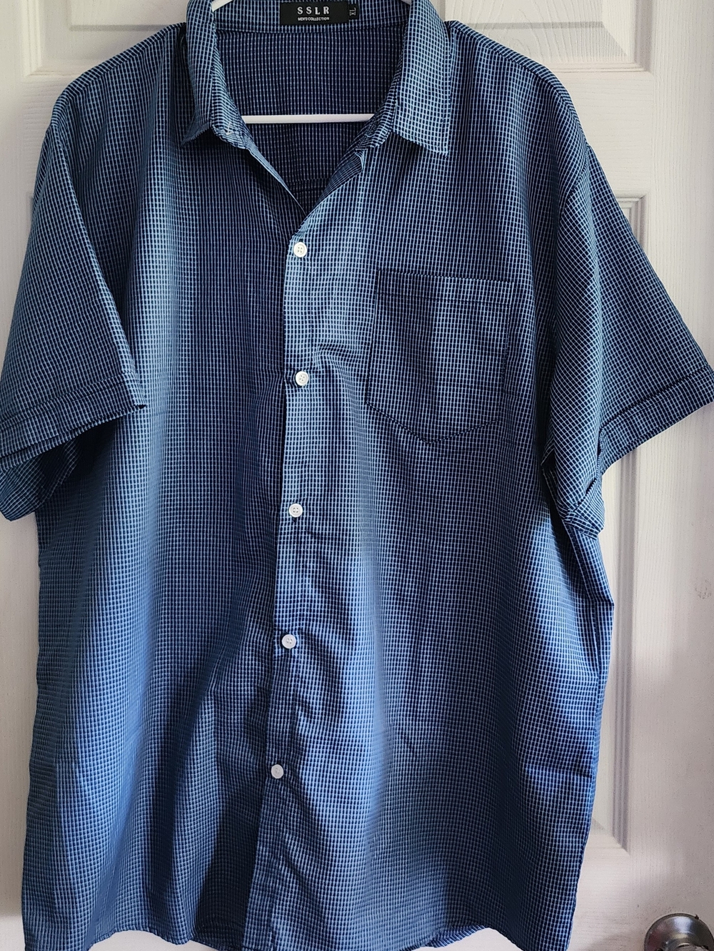 SSLR Men's Short-Sleeve Blue Micro-Check Button-Down Shirt